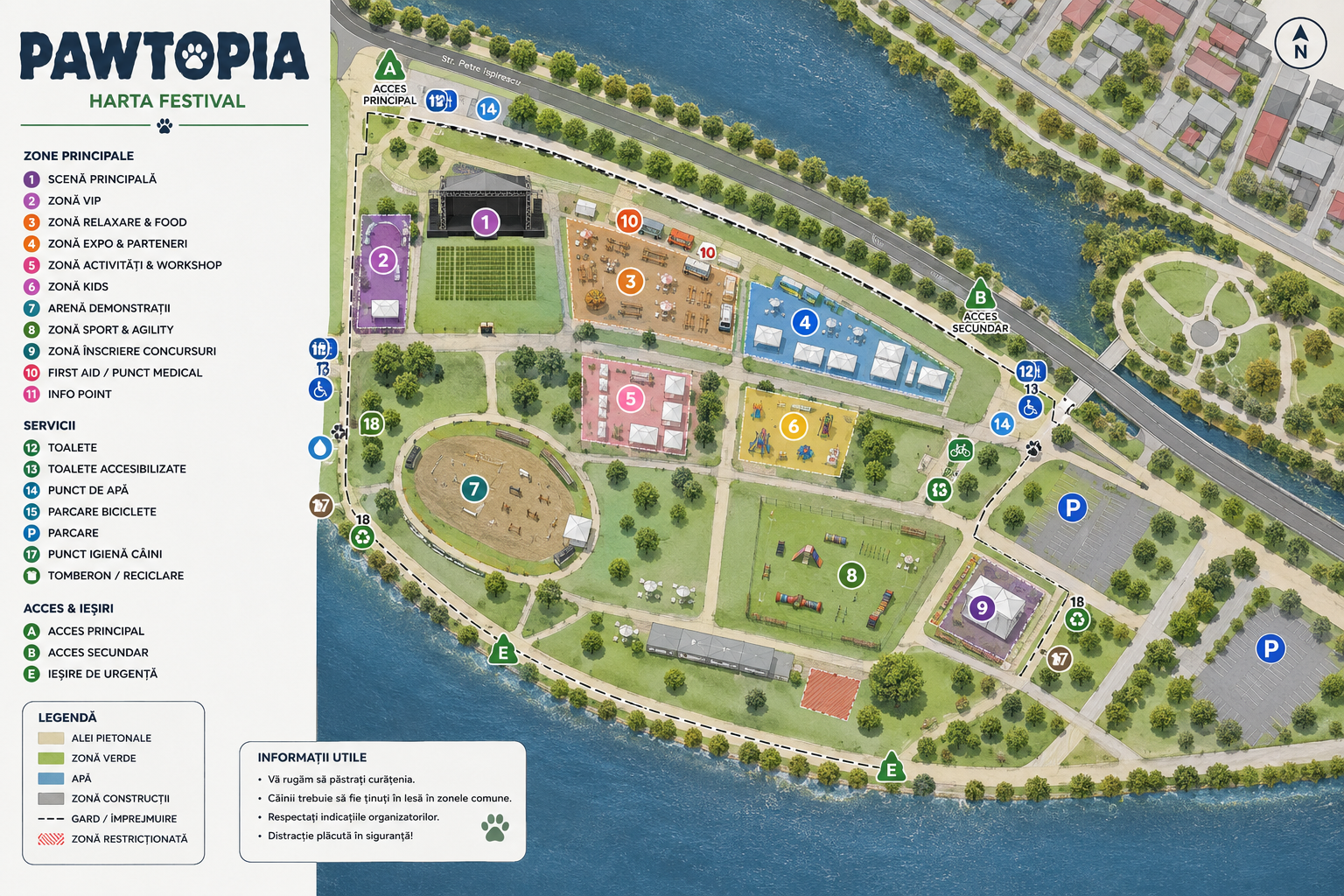 Harta festivalului Pawtopia — zone principale, servicii și accese în Parcul Plumbuita